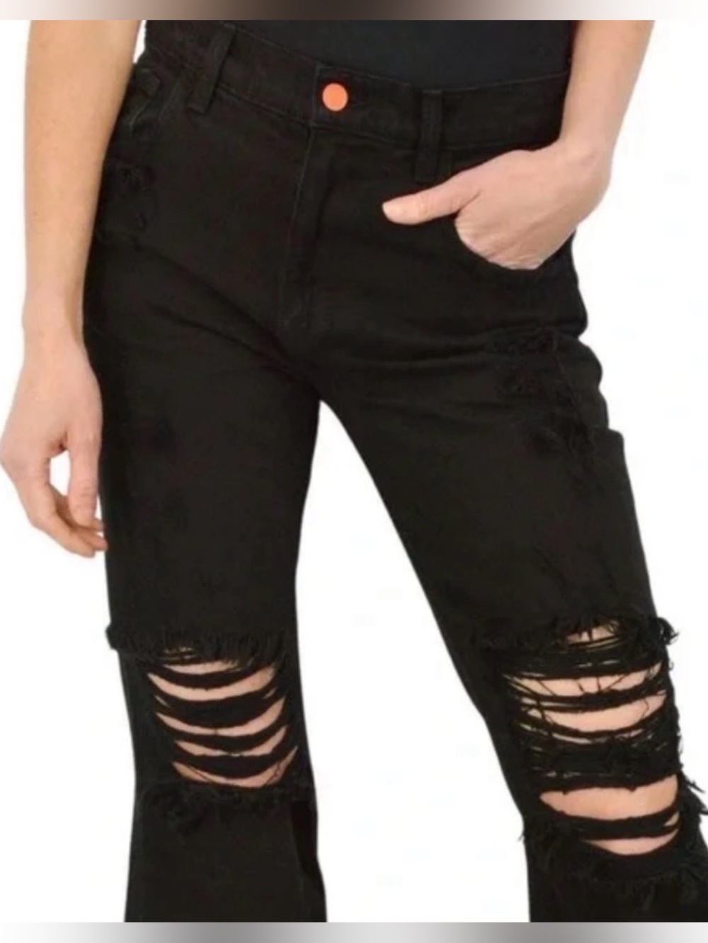 Revolve La Detresse Black Distressed Flare Leg Jeans with Ripped Knee Detail 30